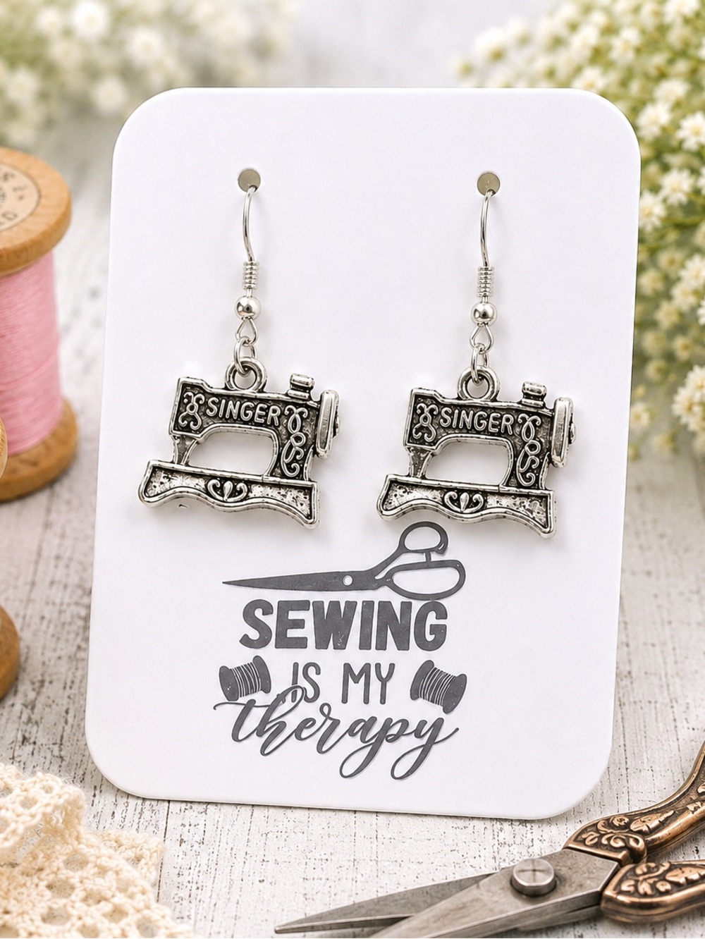 New Silver-Tone "Sewing is my Therapy" Singer Sewing Machine Dangle Earrings